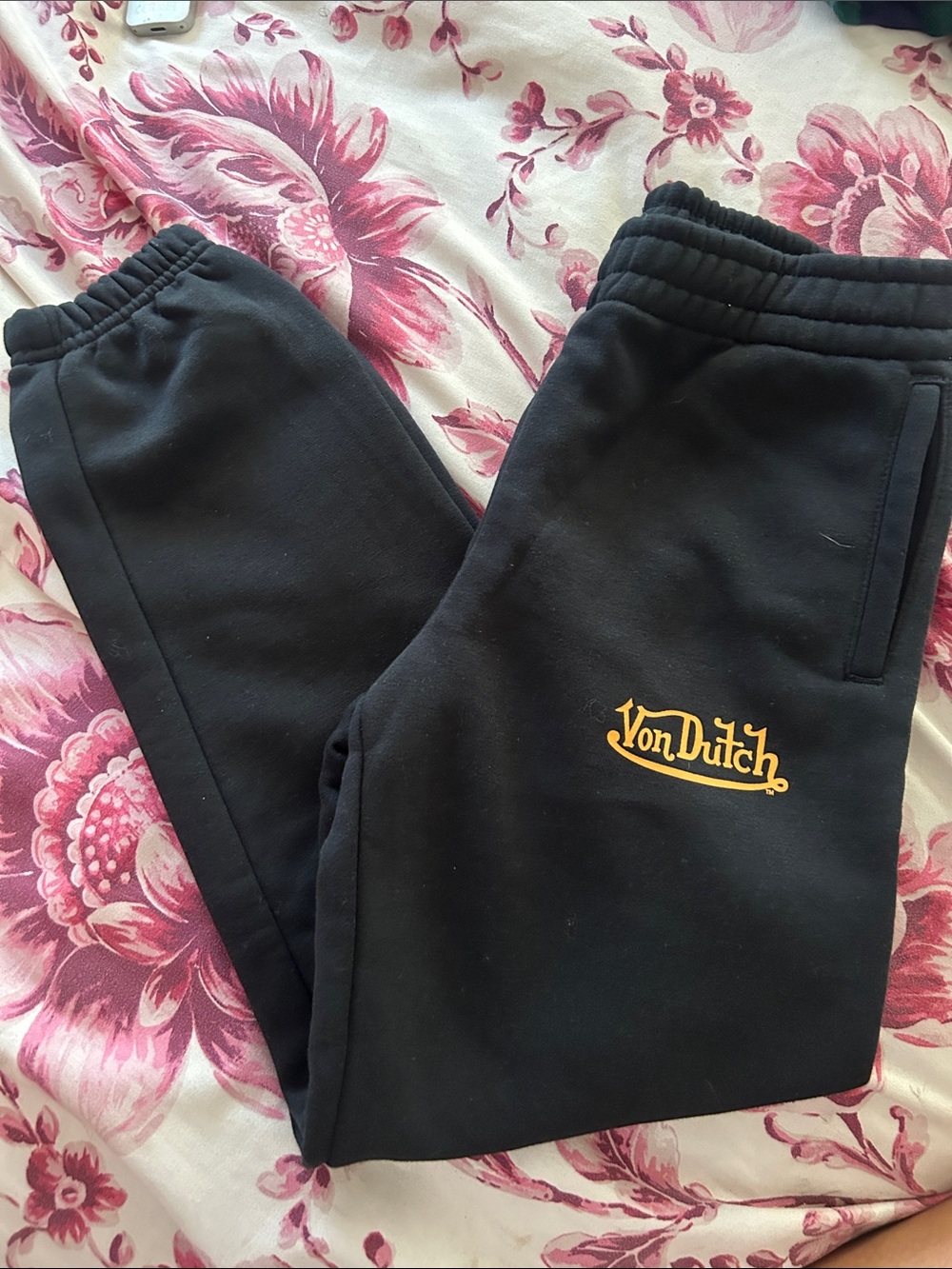 Von Dutch Black Sweatpants with Yellow Logo Accent